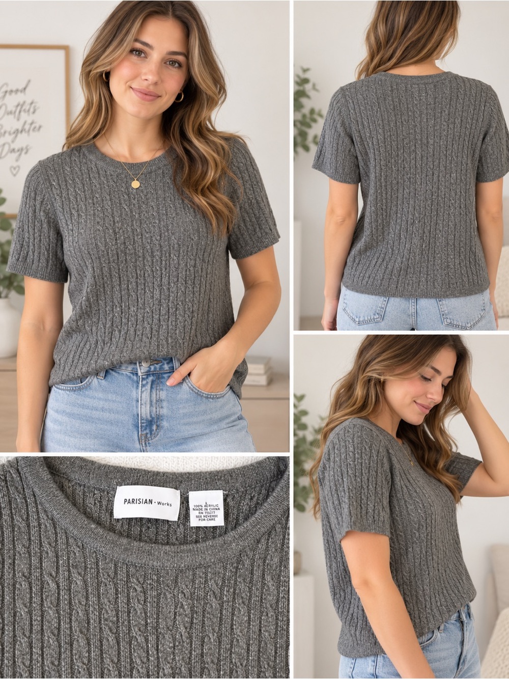 Parisian Works Charcoal Gray Cable Knit Short Sleeve Sweater
